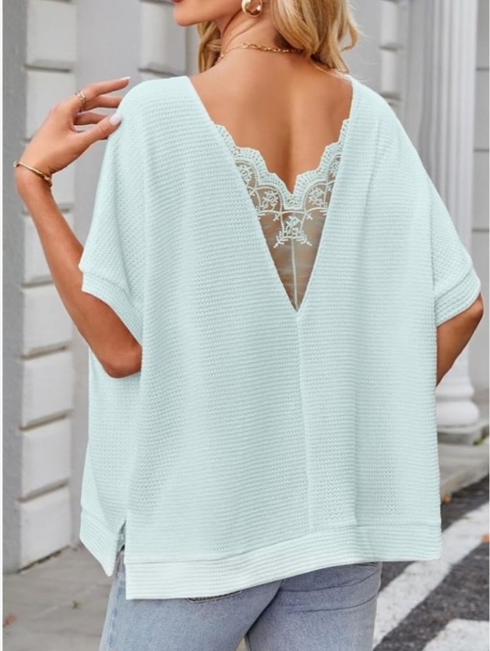 Falechay Casual Short Sleeve Waffle Knit Back-V Lace Oversized Loose Fit Tunic - Picture 2 of 7